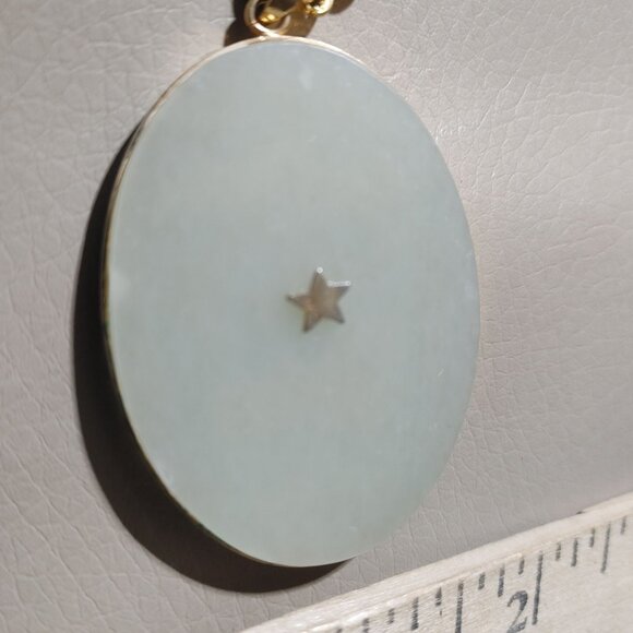 Large Jade Jadeite Pendant Vintage Gold Overlay Cranes Birds Asian Gold Filled - Picture 12 of 12